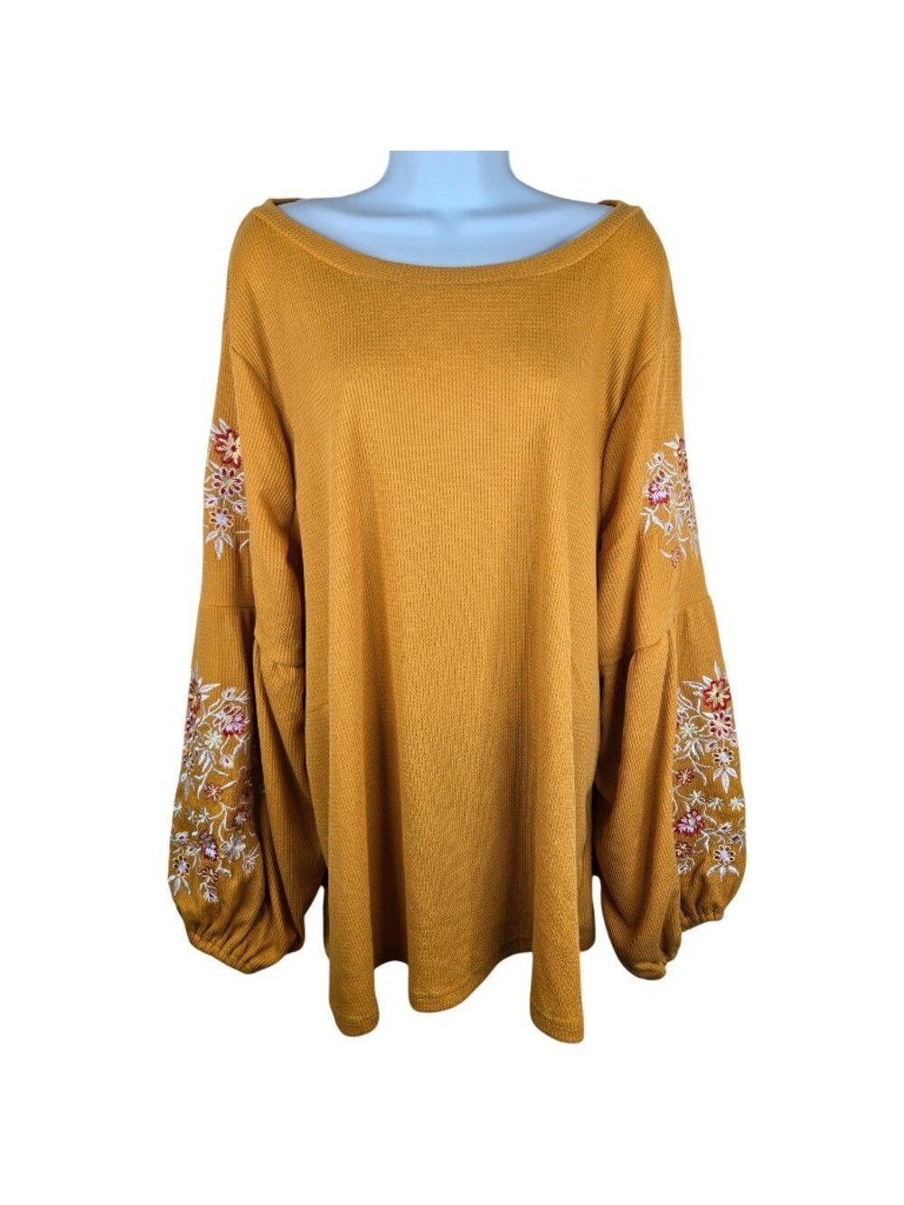 Bloomchic Mustard Yellow Embroidered Balloon Sleeve Waffle Knit Top US 22 / 24 N